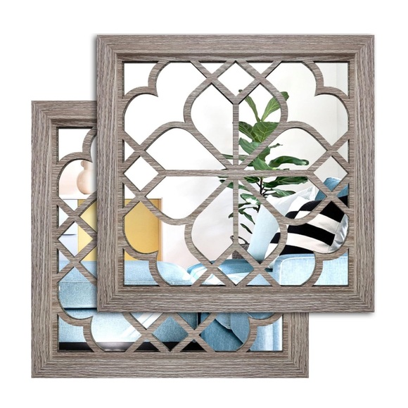 Other - Barn Wood Color Square Wall Mirrors Rustic Farmhouse Entry Accent (Set of 2)